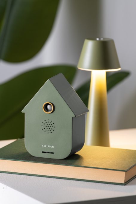 Grünes Gerät in Hausform neben einer Lampe auf einem Tisch mit Pflanzen im Hintergrund.