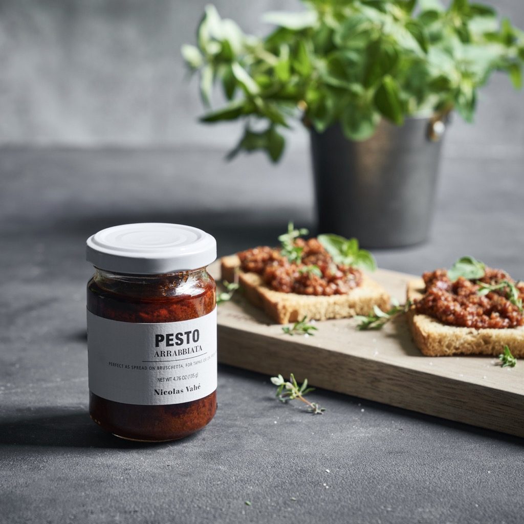 Gläser mit Pesto neben belegten Brotscheiben und frischen Kräutern in einem Topf.