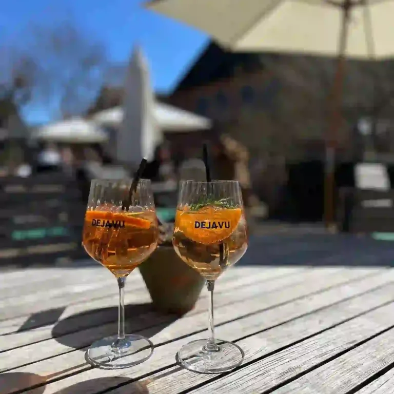 Zwei Gläser mit Getränken und Orangenscheiben auf einem Tisch im Freien.