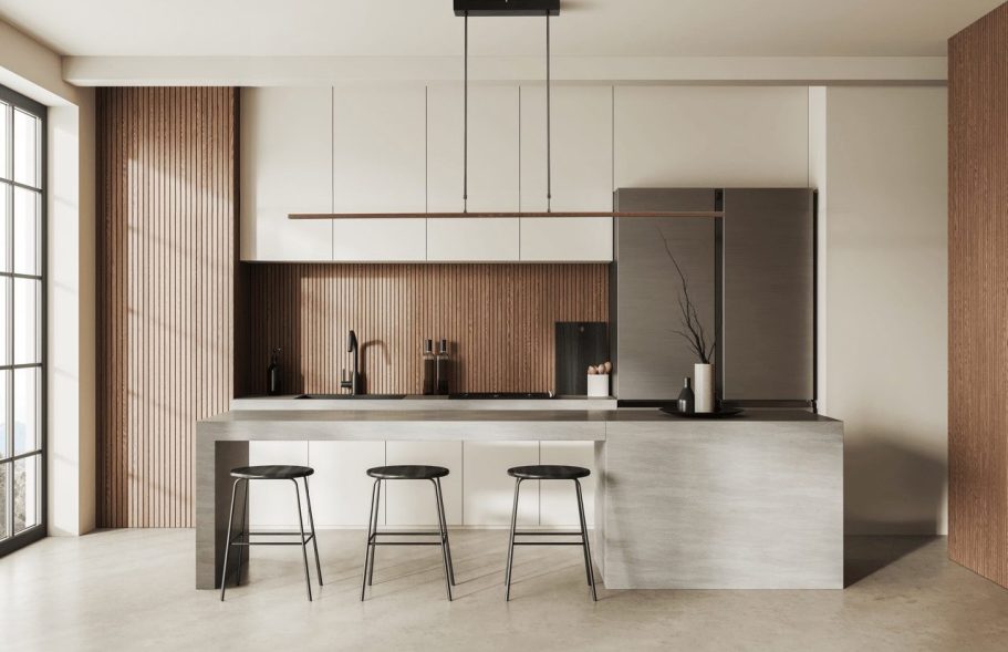 Moderne Küche mit Holz- und Metallelementen, Bartresen mit Leuchte und drei Stühlen.